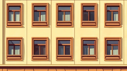 Obraz premium Geometric facade of a building showcasing brown windows and cream walls with detailed architectural elements.