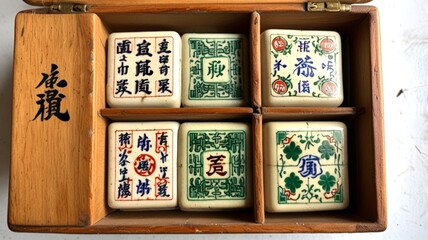 An antique wooden box holds beautifully crafted mahjong tiles, featuring intricate designs and traditional characters, invoking nostalgia for classic games.