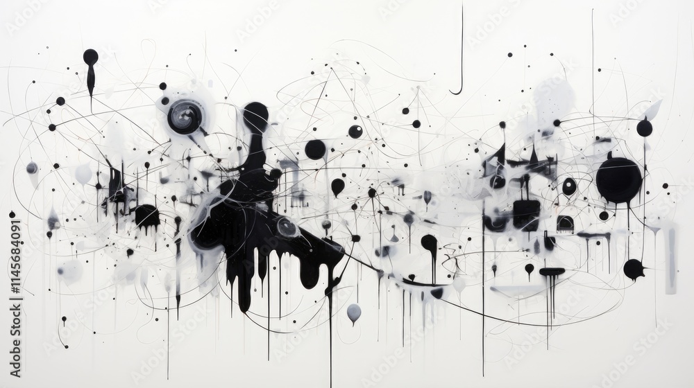 Poster abstract monochrome artwork featuring dynamic black and white patterns with notes and pins on a mini
