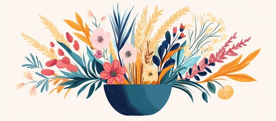 Obraz premium Floral arrangement in a modern bowl showcasing decorative wheat and vibrant plants with stylish embroidery accents for elegant decor