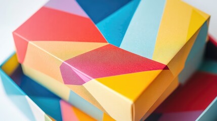 Colorful geometric gift boxes stacked together on a white background showcasing vibrant wrapping paper and creative design patterns.