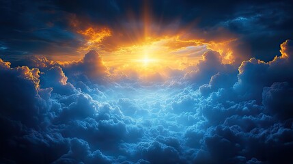 Fototapeta premium A sky with clouds and light represents heaven and the presence of God, symbolizing faith, belief, and spiritual religion.