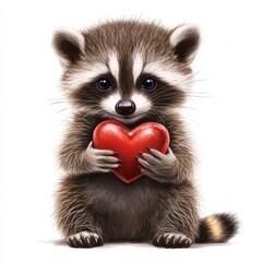 Obraz premium Playful baby raccoon holds heart-shaped candy nature wildlife close-up adorable concept