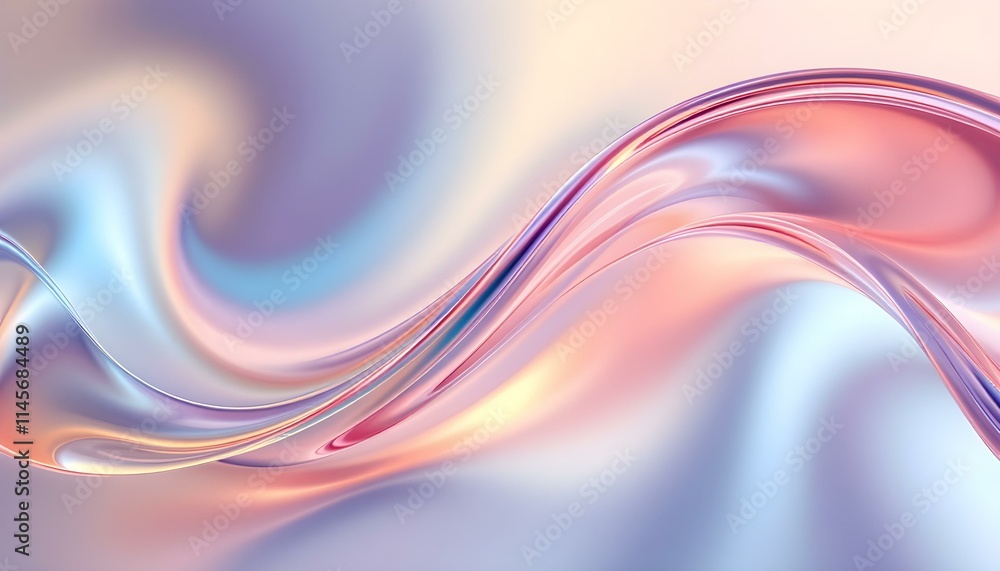 Poster An iridescent fluid abstract image with vibrant colors in a smooth, flowing style on a soft gradient background. Vibrant holographic fluid colors flow abstractly. Abstract iridescent wave, pastel pink