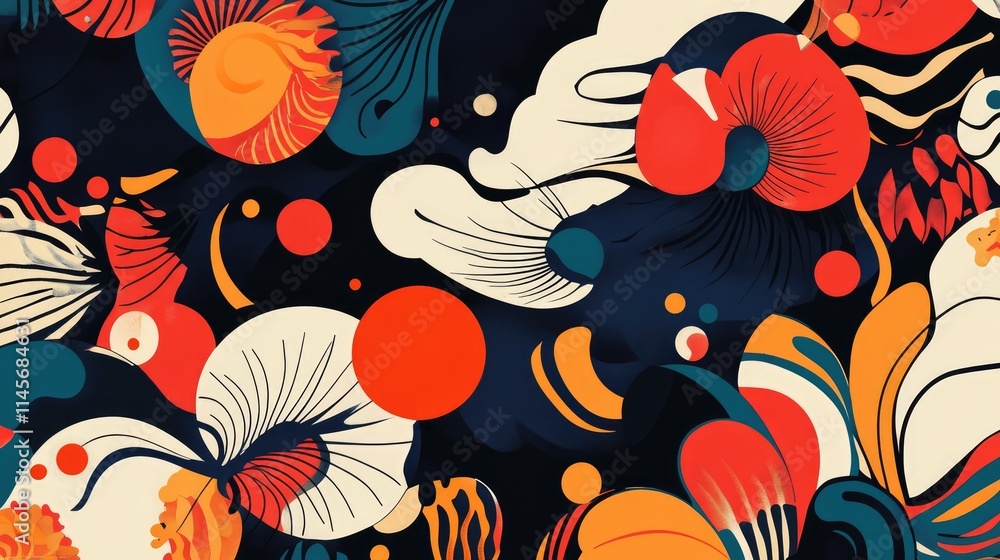 Poster colorful abstract pattern with floral and geometric elements creating a vibrant and warm design suit