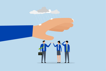 Employee care benefit, giant businessman hand cover team member from rainstorm.