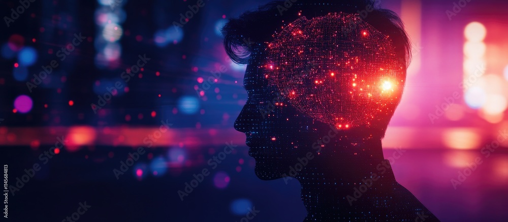 Poster modern technology and social networking concept with double exposure of a human silhouette and digit
