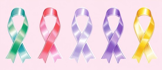 Colorful awareness ribbons representing various causes displayed on a soft pink background symbolizing hope and support.