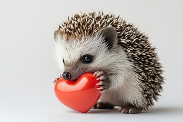 Adorable baby hedgehog holding heart-shaped balloon captured in studio cute animal portrait soft lighting love concept