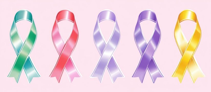 Colorful awareness ribbons representing various causes displayed on a soft pink background symbolizing hope and support.