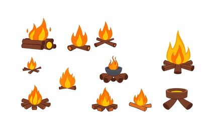 Camp Fire Icons Set Isolated On White Background