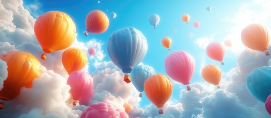 Obraz premium Colorful hot air balloons soaring in a vibrant blue sky filled with fluffy clouds creating a serene and joyful atmosphere
