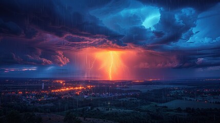 Fototapeta premium Spectacular thunderstorm with bright flashes and heavy rain in nocturnal urban scene.