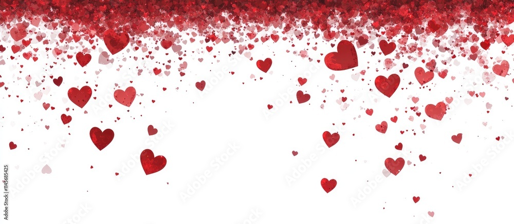 Poster red hearts cascading on a white background creating a romantic banner with ample copy space for text