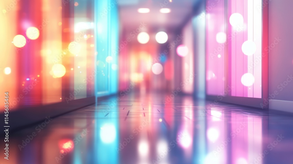 Poster vibrant blurred hallway in a modern hospital with colorful lighting reflections and soft bokeh effec