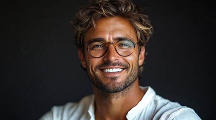 Obraz premium A smiling man portrait in a studio represents aesthetic confidence, luxury outfit, shirt fashion designer pride, banner, mockup for cool clothes, and elegant style.
