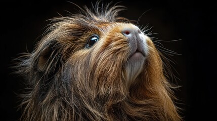 Naklejka premium A close-up portrait of a guinea pig with a fluffy coat, gazing upward.