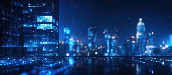 Virtual city skyline with illuminated skyscrapers representing outsourcing in HR and recruitment for modern businesses at night.