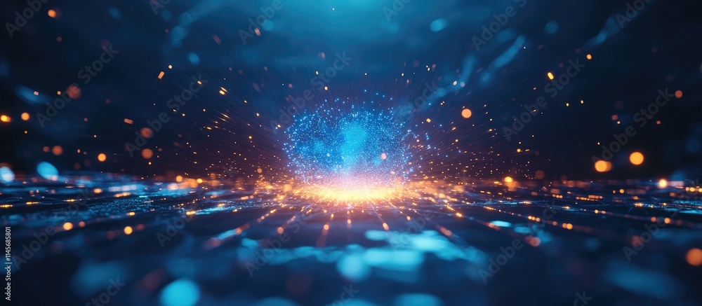 Poster digital transformation concept with vibrant holographic effects and glowing particles depicting inno