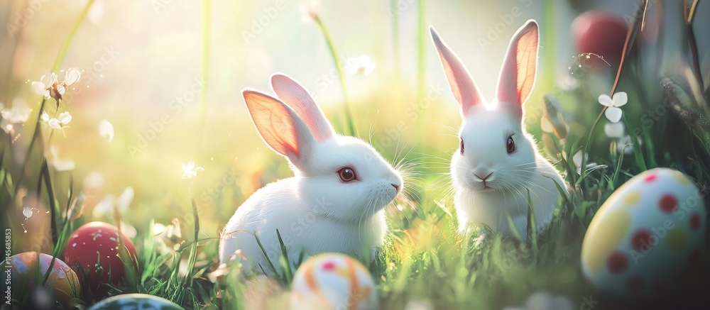 Poster spring meadow with white rabbits and colorful easter eggs in a fairy tale setting surrounded by bloo