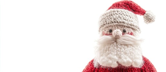 Whimsical Knitted Santa Claus Character with Red Outfit and Festive Hat on White Background