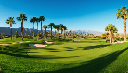 Vibrant Green Golf Course Surrounded by Palm Trees in Palm Spring