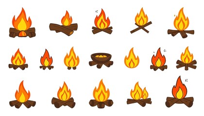 Camp Fire Icons Set Isolated On White Background