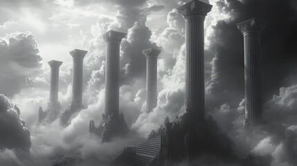 Ancient pillars rising through dramatic clouds symbolize strength and resilience in a mystical, dreamlike landscape.