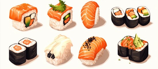 Colorful assortment of sushi rolls featuring salmon eel cucumber and avocado served on a white background suitable for culinary presentations