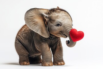 Baby elephant holding heart studio setting high fidelity imagery adorable presentation close-up view emotive concept