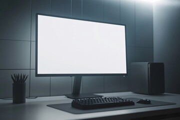 Modern Minimalist Home Office Setup with Blank Screen Monitor