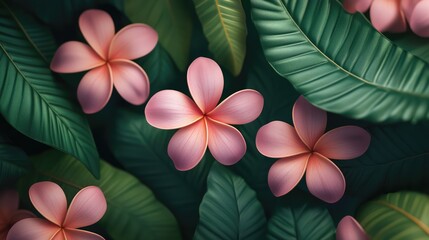 Fototapeta premium Frangipani flowers nestled among lush green leaves in a vibrant natural setting