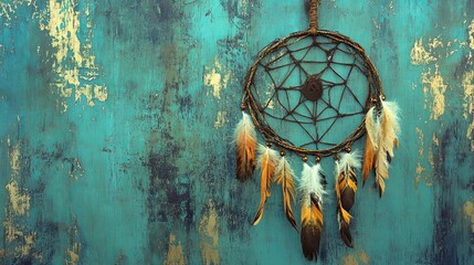 A dreamcatcher hangs against a textured turquoise background, symbolizing protection and dreams.