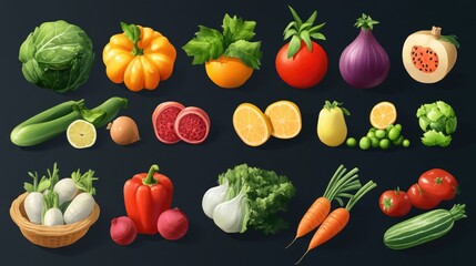 Colorful assortment of fresh fruits and vegetables displayed on a dark background showcasing healthy eating and natural produce diversity