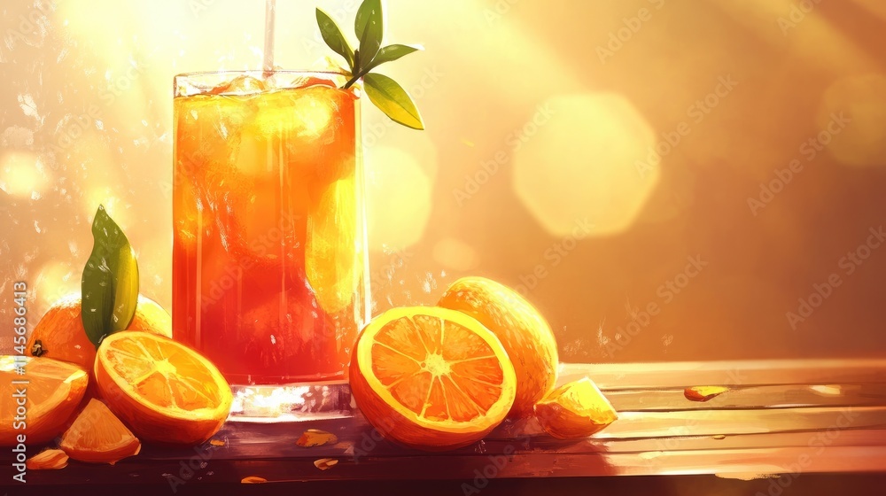 Poster refreshing orange juice with fresh fruit slices on a rustic wooden table with a warm glowing backgro