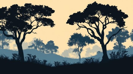 Obraz premium Silhouette of majestic trees in a tranquil forest landscape during sunset with layered hills and gentle hues in the background.