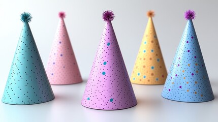 Colorful party hats in various pastel shades with festive designs arranged on a white background ideal for celebration and event themes