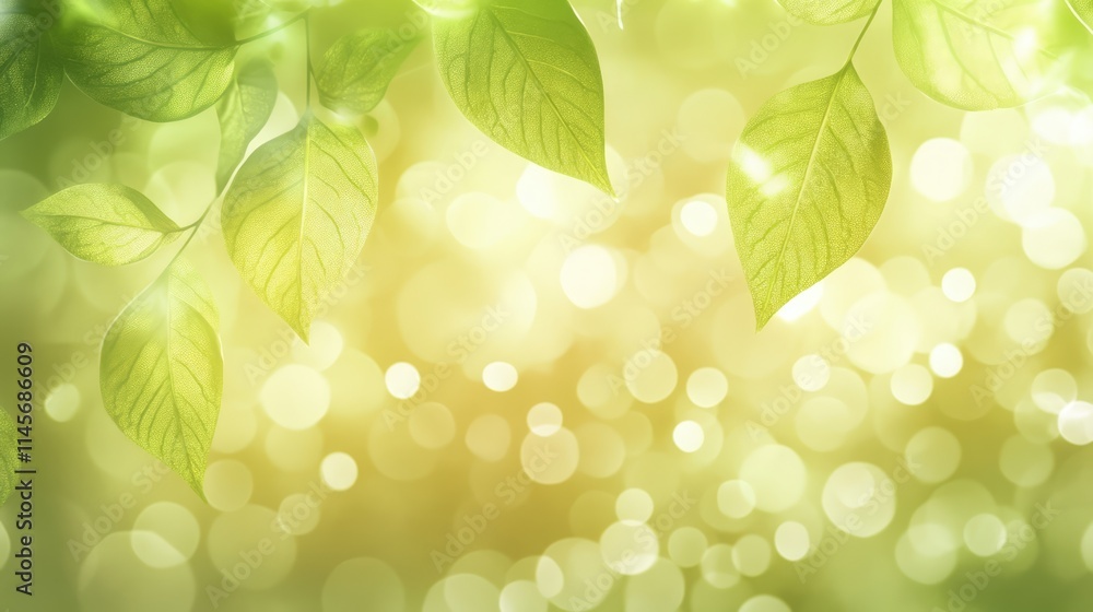 Poster glowing green leaves with soft bokeh background creating a serene and lush natural atmosphere for de