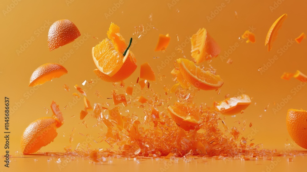 Aufkleber exploding orange slices against a vibrant orange background showcasing dynamic motion and freshness 