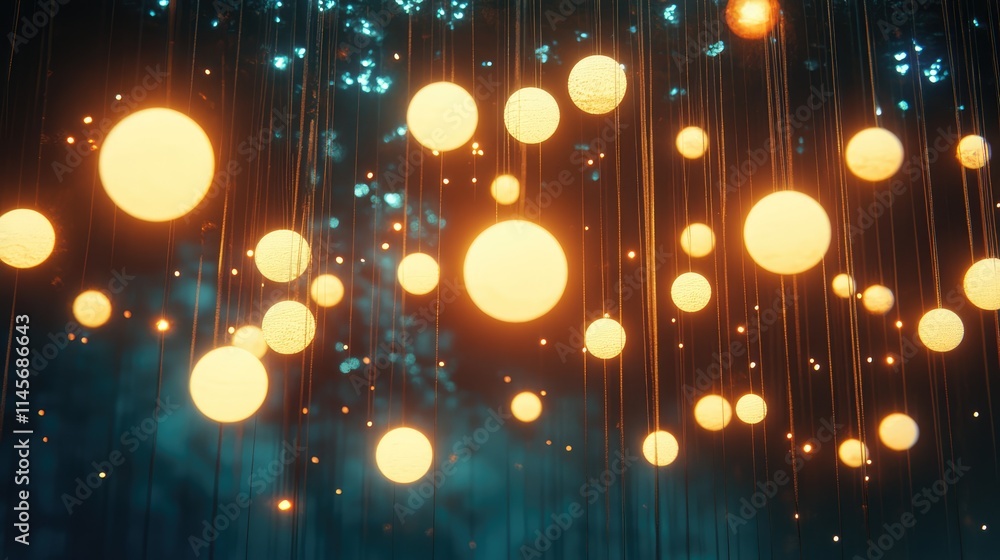 Poster illuminated spheres in abstract dark atmosphere with floating light elements and colorful bokeh effe