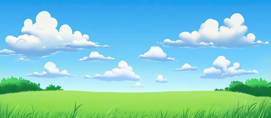 Fototapeta premium Vibrant blue sky with fluffy clouds over a lush green meadow landscape illustrating tranquility and nature's beauty.