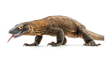 Fototapeta premium Komodo Dragon walking with tongue out isolated on white background showcasing its distinct features and natural behavior