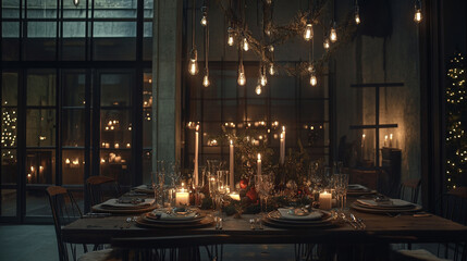 Christmas Dinner Table Industrial Style Warm Candlelight Festive