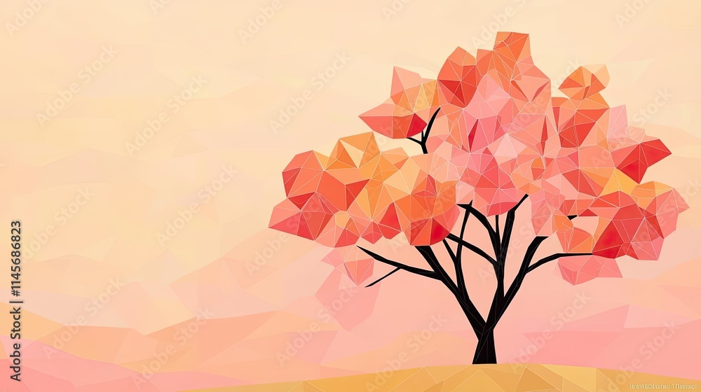 Poster peach tree abstract background idea. beautiful low-poly tree with vibrant pink leaves against a soft
