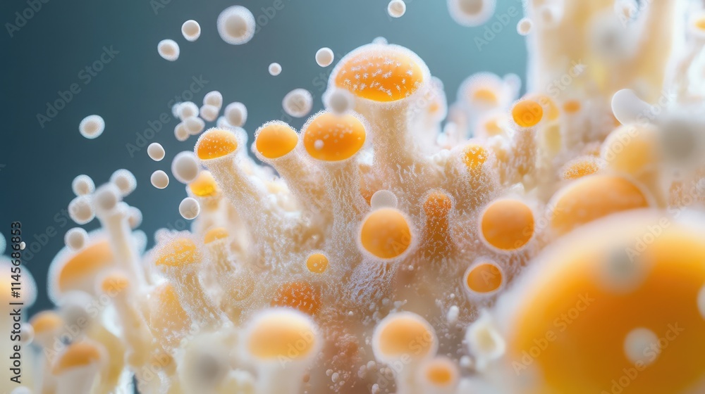 Poster colorful macro of unique mold formations displaying small mushrooms with soft textures and vibrant o