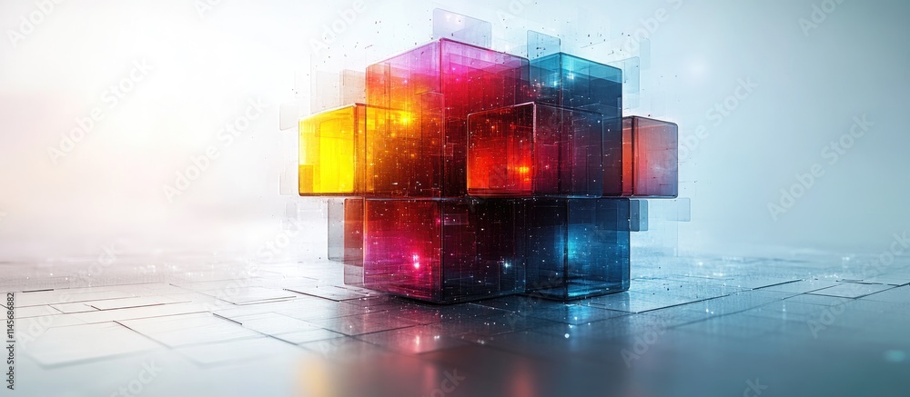 Poster abstract colorful 3d cubes with glowing effects on a light background showcasing modern design and i