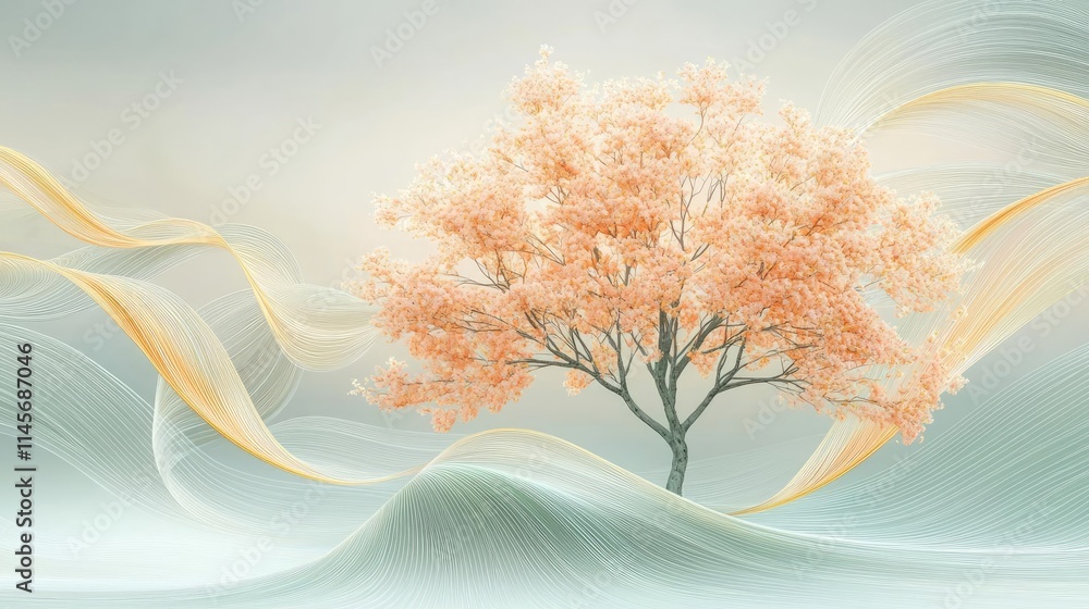 Poster peach tree abstract background idea. a serene artistic representation of a blossoming tree amidst so