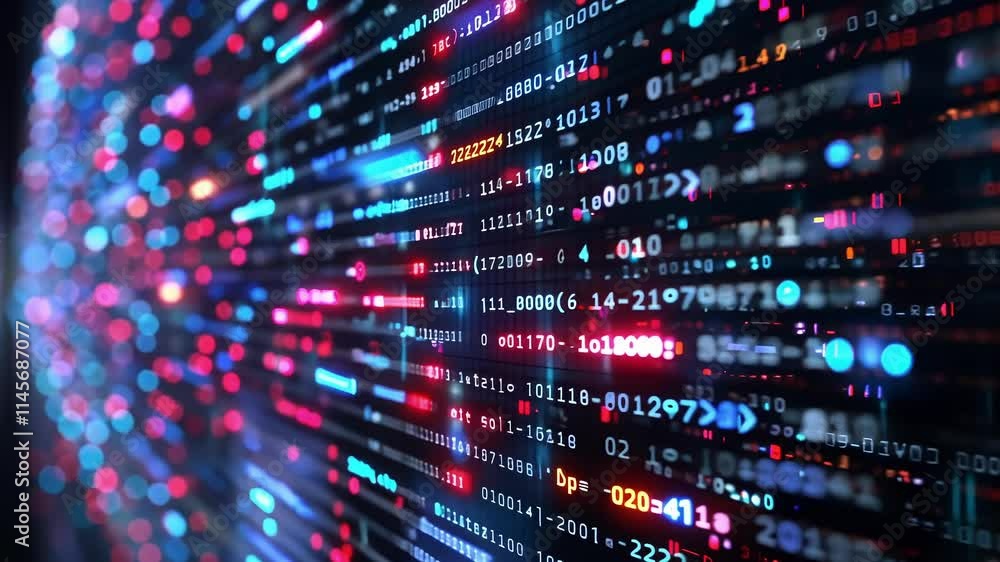Poster big data stream flowing with colorful numbers, symbols, and bokeh effect, representing the concept o