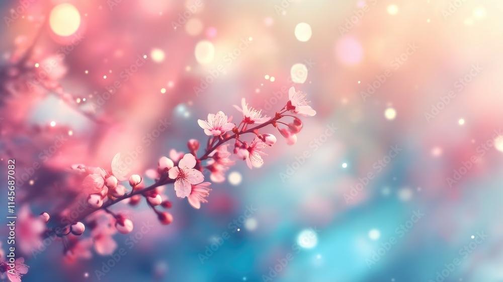 Poster spring blossoms with dreamy bokeh effect creating a serene blurred nature background for calming vis