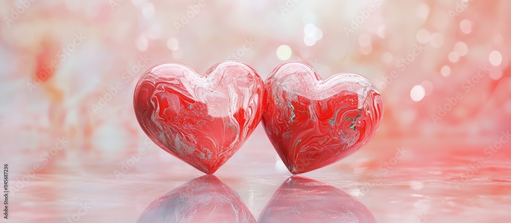Poster two elegant red hearts on a blurred soft pink backdrop with bokeh effect representing love and roman